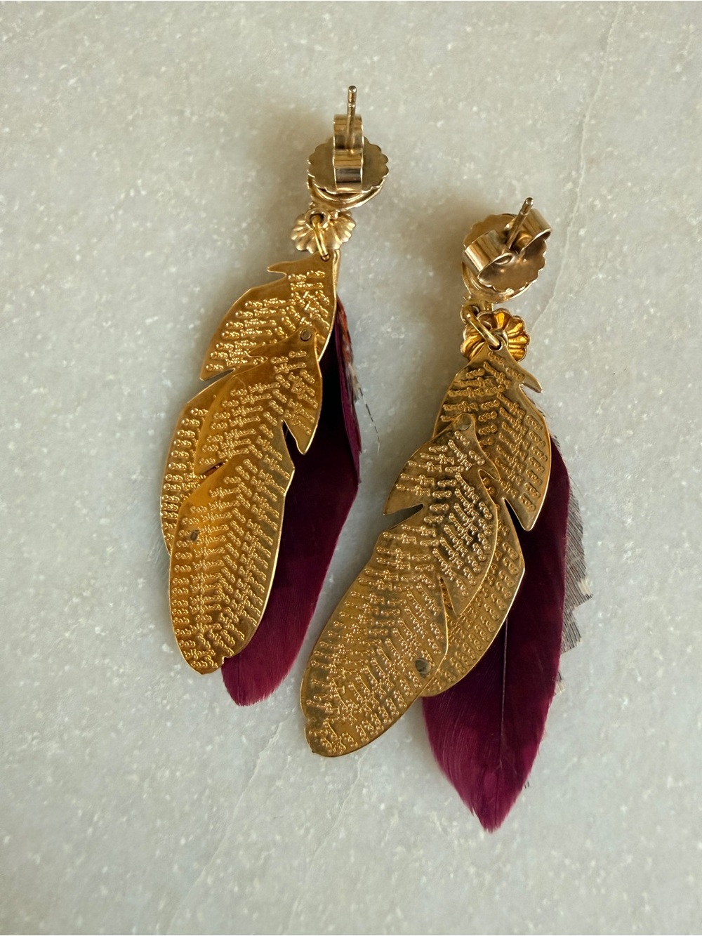 Gas Bijoux Small Sao Feather Drop Earrings Purple Gold Multicolor 24K Plated - Picture 5 of 9